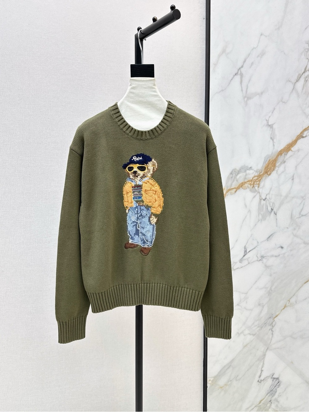 Ralph Lauren Olive Green Crewneck Sweater with Bear Motif